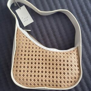 a new day Beige Woven Shoulder Bag with White Trim